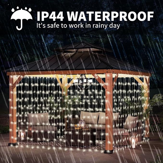 32.8 * 6.56FT Large Size Solar Curtain Lights Outdoor, 8 Modes Icicle Lights, Solar Garden Christmas Decortions for Patio, Gazebo, Eaves, Fence, Tree, Porch (White)