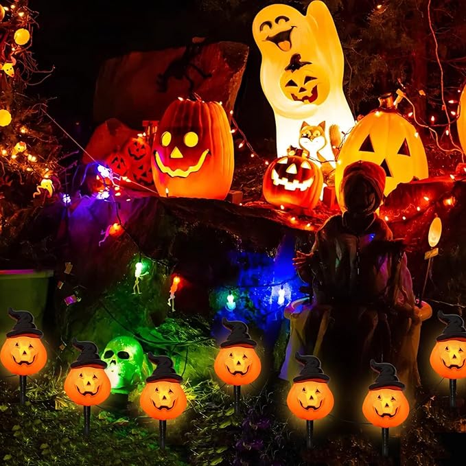 4 Pack Halloween Pumpkin Witch Hat Pathway Lights –7Ft LED Outdoor Halloween Decorations, Waterproof Halloween Garden Stake Lights Perfect for Outdoor Pathway, Yard, Walkway, Lawn and Driveway Decor