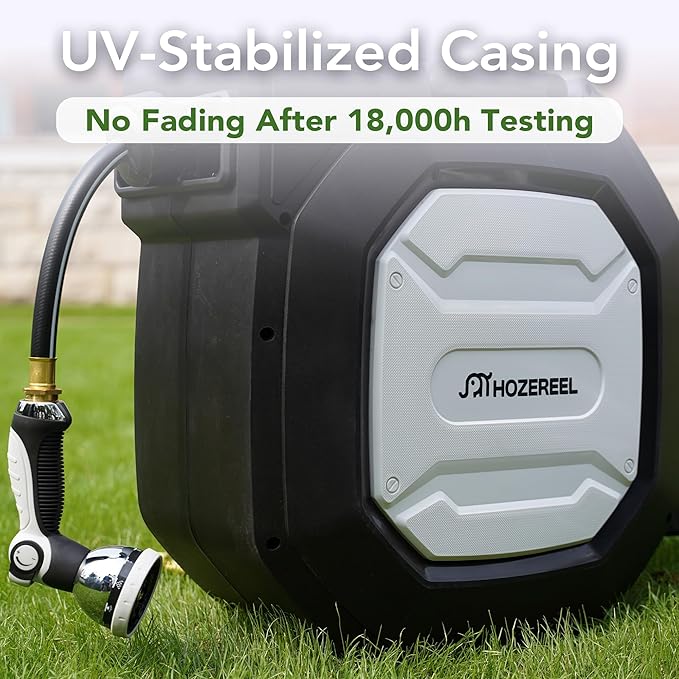 135 ft x 1/2" HOZEREEL Heavy Duty Retractable Garden Hose Reel, Garden Hose Reels Outdoor Organizer- Self Retracting Wall Mount Hose Reel Automatic Recoil Storage, Any Length Lock, 10 Pattern Nozzle