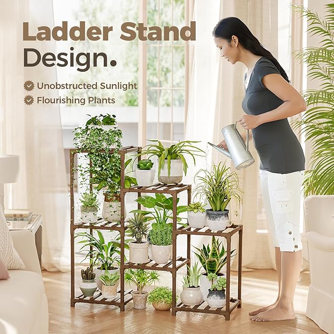 Bamworld Plant Stand Indoor Plant Shelf Outdoor Wood Plant Rack for Multiple Plants 3 Tiers Ladder Plant Pot Holder for Living Room Patio Boho Home Decor for Gardening