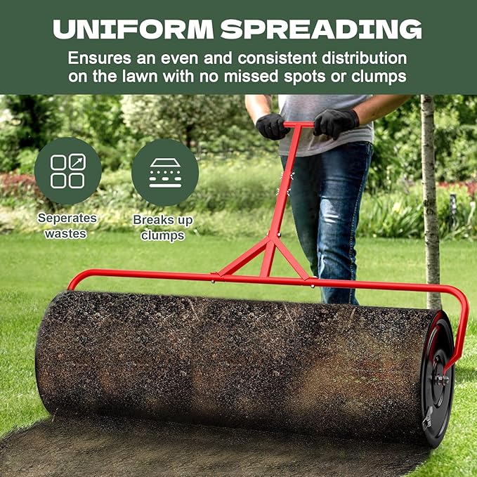 Compost Peat Moss Spreader for Lawn, 44 Inch Compost Roller Spreader with Adjustable T-Shaped Handle, Upgraded Side Clasps, Durable Lightweight Metal Roller, Lawn Garden Yard Care