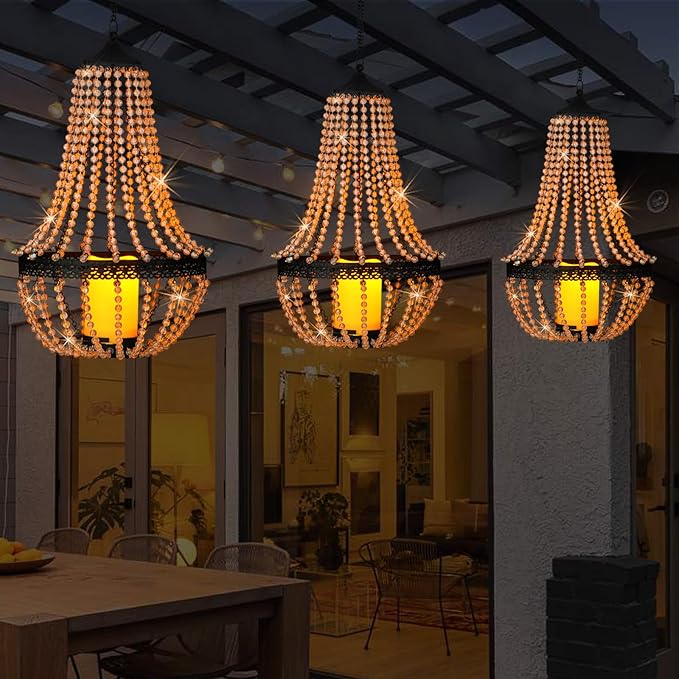 Hanging Candle Chandelier Outdoor, Battery Operated Clear Acrylic Beaded Chandelier with Flickering Led Candle Light S Hooks Modern Lantern for Garden Yard Patio Gazebo Room Indoor Decorations, 27”H