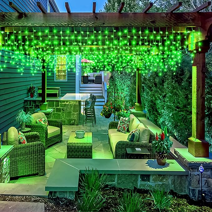 33ft Icicle Lights for Outside, Green Christmas Lights Outdoor Waterproof, 400 LED Twinkle Tree With 75 Drops Clear Wire Short Curtain for House, Room, Home Wall Indoor Decorations