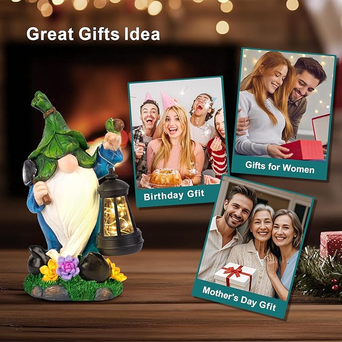 Garden Gnome Solar Figurine Lights - Solar Powered Lighting Outdoor Decorations with Lantern & Shovel, Yard Art Lawn Ornaments for Porch Patio Balcony - Gnome Gifts for Women Mom