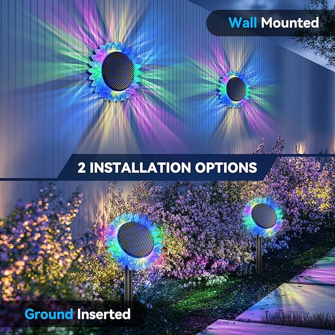 Solar Garden Lights - Upgraded Solar Sunflower Light, Ground/Wall 2 In 1, Solar Outdoor Lights Waterproof IP67,Garden Yard Patio Backyard Pathway Landscape Fence Wall Decoration, Multicolor(6 Pack)