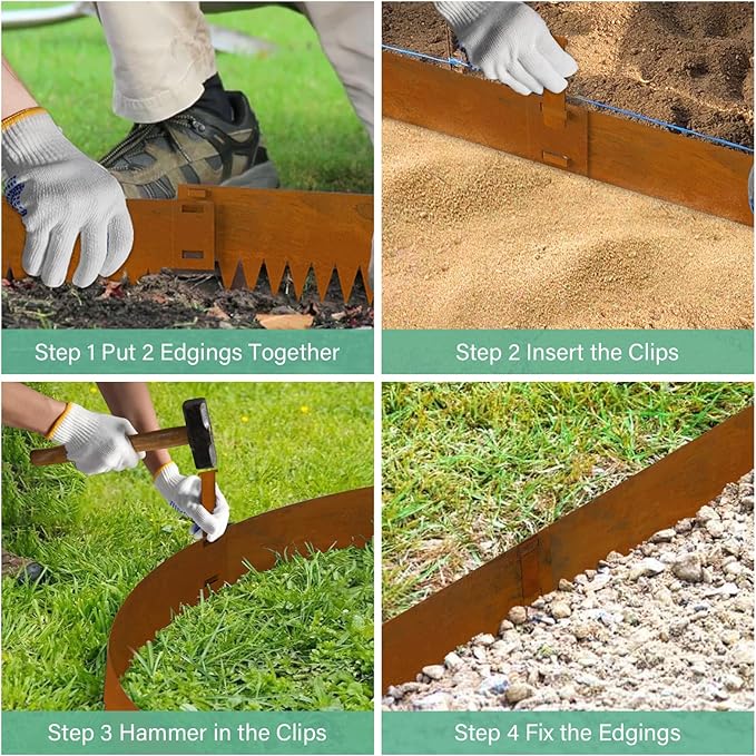 Co rten Steel Landscape Edging 12 Inch Tall 6 Packs, Pre-Rusted Metal Garden Edging, Hammer in Landscape Edging with 6 Clips and a Pair of Gloves, Steel Edging for Landscaping, Lawn Rusty