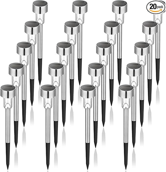 GIGALUMI Solar Pathway Lights 20 Pack, Stainless Steel IP44 Waterproof Auto On/Off Outdoor LED Solar Landscape Lights for Garden, Yard, Patio, Path and Walkway. (Cold White)