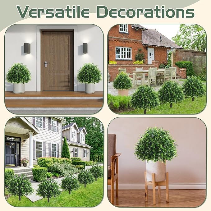 Yunlly 4 Pcs 18 Inch Artificial Boxwood Ball Topiary Tree Fake Outdoor Plants Bush, UV Resistance Faux Shrubs with Spike Realistic Greenery Potted for Indoor Garden Yard Porch Patio Decor (Green)