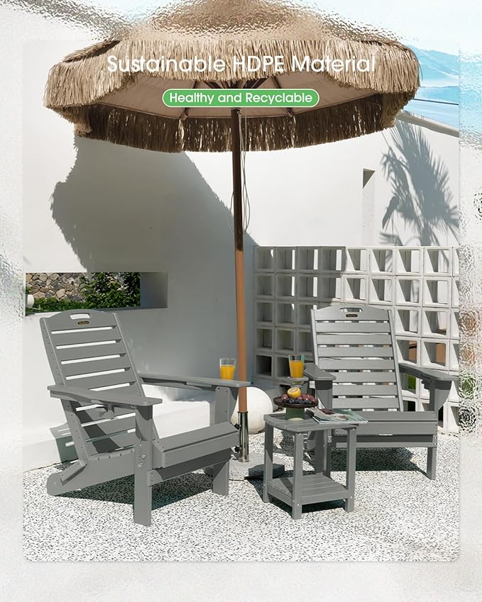 Adirondack Chair Folding HDPE Adirondack Chairs with Cup Holder, Outdoor Fire Pit Chairs All-Weather Lawn Chair for Deck Patio Garden (Grey)