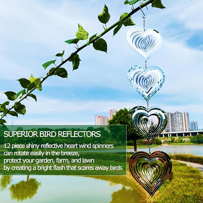 DJUAN Heart Bird Scare Discs Set-Highly Reflective Double-Sided Bird Reflectors,Extra Sparkly Metal Wind Spinner Outdoor Garden Decor, Bird Devices Deterrent to Scare Birds Away from Yard Patio Farm