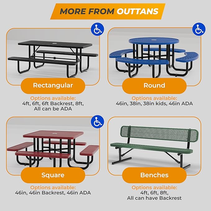 Metal Picnic Tables for Outdoors with Umbrella Hole - Coated Steel Heavy Duty Commercial Grade Table with Adjustable Seats (Black, 46 in, Square with Back, Expanded Steel)