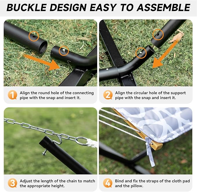 2 Person Outdoor Hammock with Stand, Cotton Rope Hammock with Polyester Pad, Adjustable Steel Frame, Portable with Carrying Bag – for Patio, Backyard, Garden, Beach, Cloud-Gray