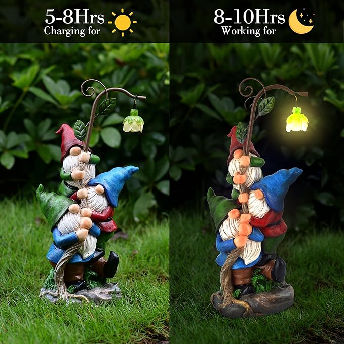 Gnome Figurine Garden Decor, Solar Resin Gnomes Outdoor Statue, Funny Gnome Gift Sculpture Decoration for Home Patio Yard Lawn Porch Ornament