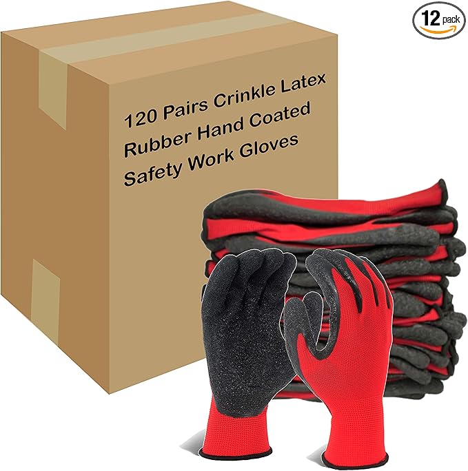 Evridwear Crinkle Latex Rubber Hand Coated Safety Work Gloves for Men Women General Multi Use Construction Warehouse Gardening Assembly Landscaping (XL-Size) Red 120 Pairs Pack
