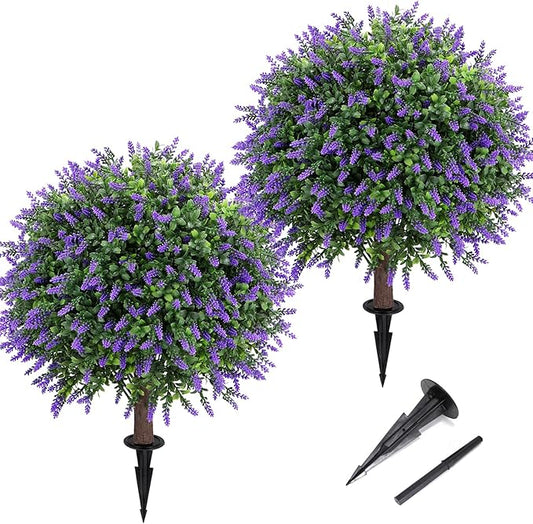 Artificial Lavender Topiary Ball Tree 25" with Ground Spike, Set of 2 Artificial Boxwood Bushes for Faux Shrubs, Fake Evergreen Faux Plant for Indoor Outdoor Porch Garden -UV Resistant–Fade-Proof