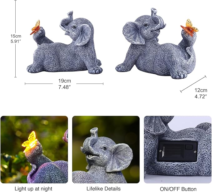 Goodeco Elephant Statue with Solar Butterfly - Ideal Gifts for Women, Mom or Birthdays, Beautifully Crafted Outdoor Decorations to Wow Your Guests