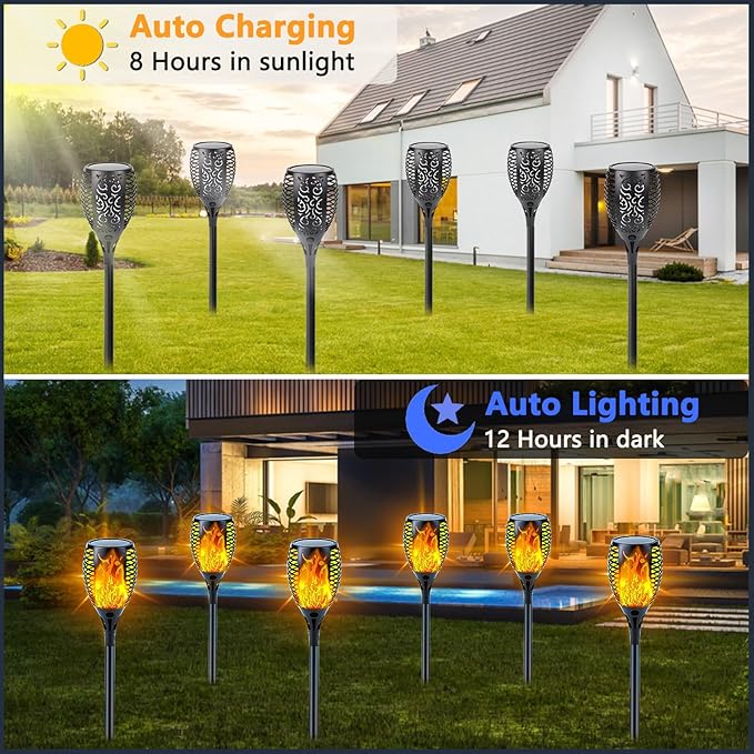 SANJICHA 4 Pack Super Larger Size Solar Flame Torch Extra Bright Tiki Lights Outdoor Decorative with Flickering Flame, Solar Outdoor Lights Waterproof Lamps for Outdoor use Garden Pathway Yard