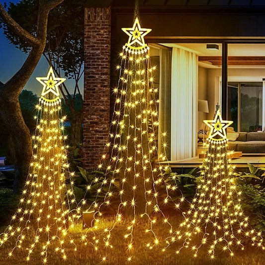 3 Pcs Christmas Decorations Star String Lights 3 Size 108/135/162 LED Waterproof String Lights with Christmas Tree Topper Lighting 8 Modes Waterfall Lights for Garden Yard Party, Warm White