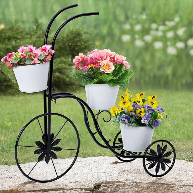BAYN Bicycle Planter Stand, Metal Flower Pot Cart Holder Tricycle Planter with 3 Plant Bucket Outdoor Decorative for Patio, Deck, Garden or Lawn