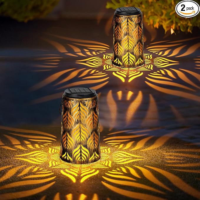 2 Pack Palm Leaves Solar Lantern, Solar Lights Outdoor Waterproof, Outside Hanging Lanterns Garden Lights for Yard Porch Decorative, Thanksgiving Birthday Mothers Day Gifts for Women Men Mom