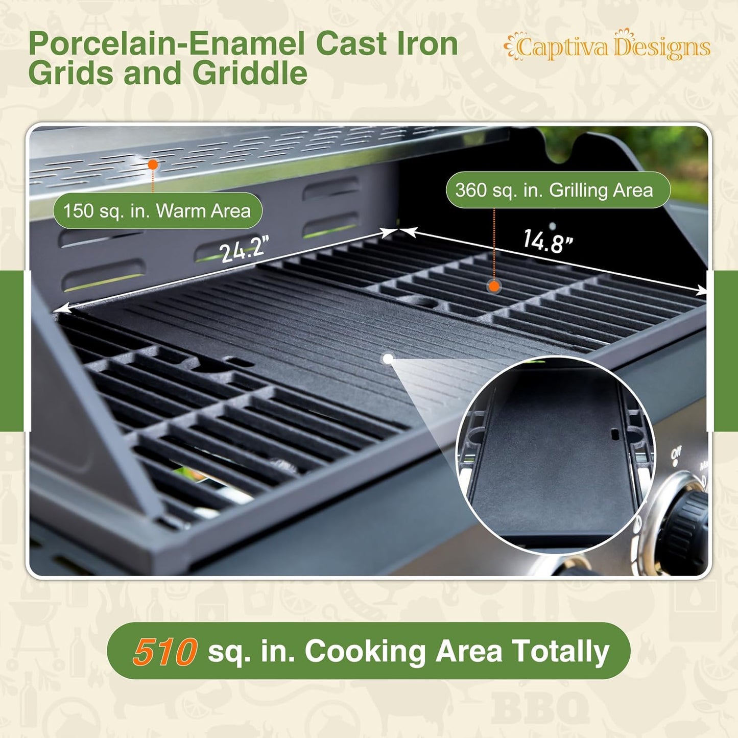 Captiva Designs 4-Burner Propane Gas BBQ Grill with Side Burner & Porcelain-Enameled Cast Iron Grates, 46,700 BTU Output for Outdoor Cooking Kitchen and Patio Backyard Barbecue, Black