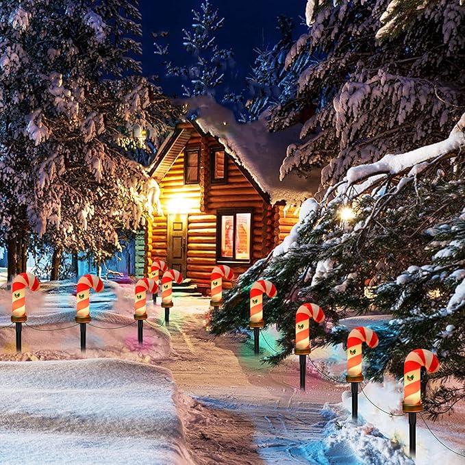 Christmas Candy Cane Pathway Lights Outdoor, 2 Sets 7Ft Christmas Outdoor Decoration String Lights with 8 Candy Cane Markers Stake Lights, Plug in Walkway Lights for Driveway Lawn Garden Yard Decor