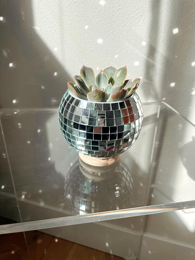 Hanging Disco Ball Planter 8" - with Acrylic Stand and Macrame Plant Hanger - Home Décor, Room Décor, Patio or Boho Décor, Mirror Disco Planter, Disco Decor (4" Mini with Base)