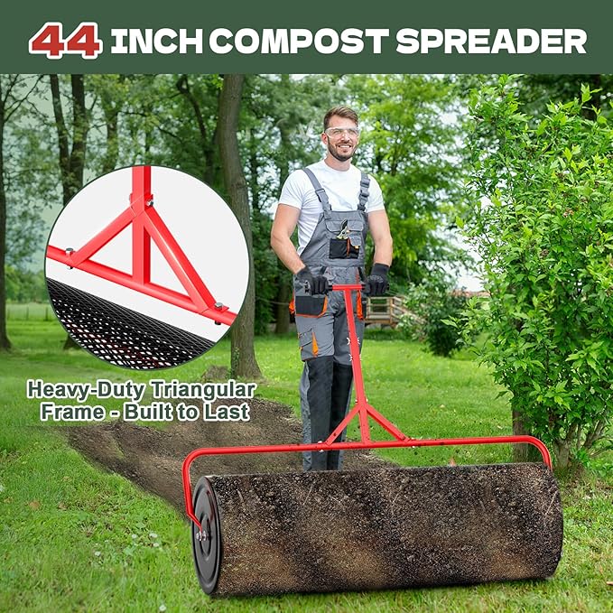 Compost Peat Moss Spreader for Lawn, 44 Inch Compost Roller Spreader with Adjustable T-Shaped Handle, Upgraded Side Clasps, Durable Lightweight Metal Roller, Lawn Garden Yard Care