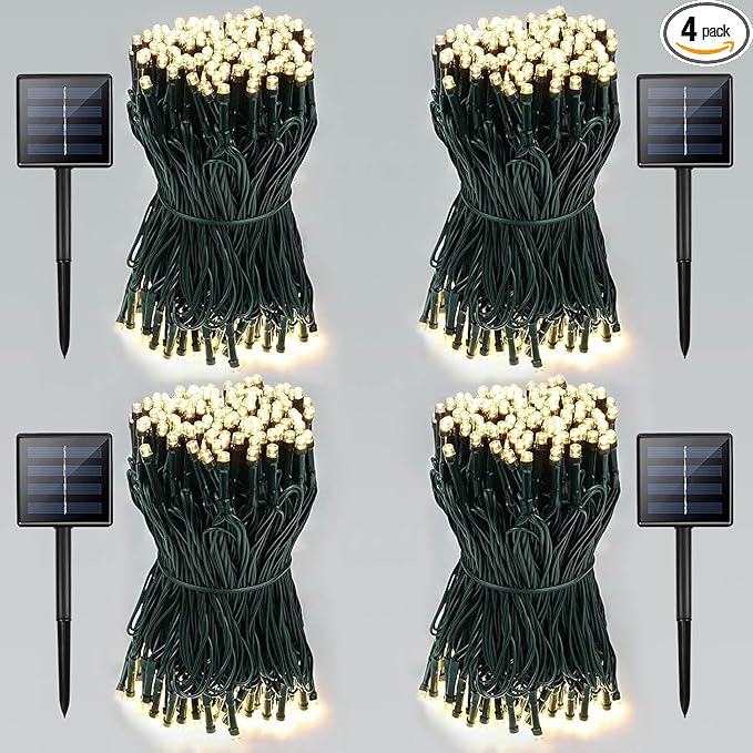 4 Pack Total 800 LED Solar Christmas Lights Outdoor, Solar String Lights for Outside with 8 Modes, Waterproof Green Wire Solar Powered Tree Light for Xmas Party Yard Garden Decorations (Warm White)