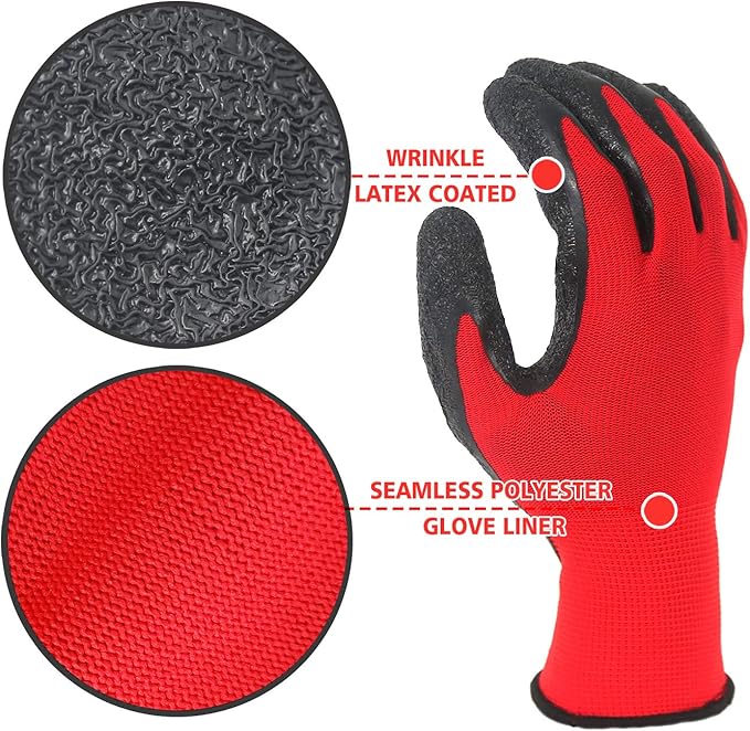 Evridwear Crinkle Latex Rubber Hand Coated Safety Work Gloves for Men Women General Multi Use Construction Warehouse Gardening Assembly Landscaping (L-Size) 12 Pairs Pack