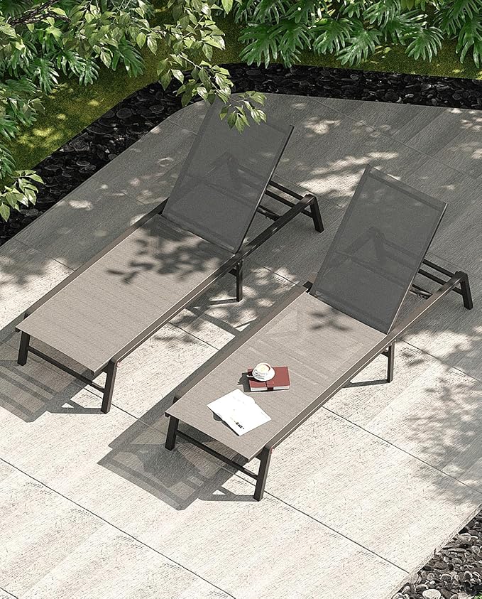 Aluminum Chaise Lounge Chair Outdoor, Foldable Patio Lounge Chair 2 Sets Assemble-Free, Pool Lounge Chairs with 5 Adjustable Backrest, Outdoor Lounge Chairs for Outside Poolside Beach Lawn Grey