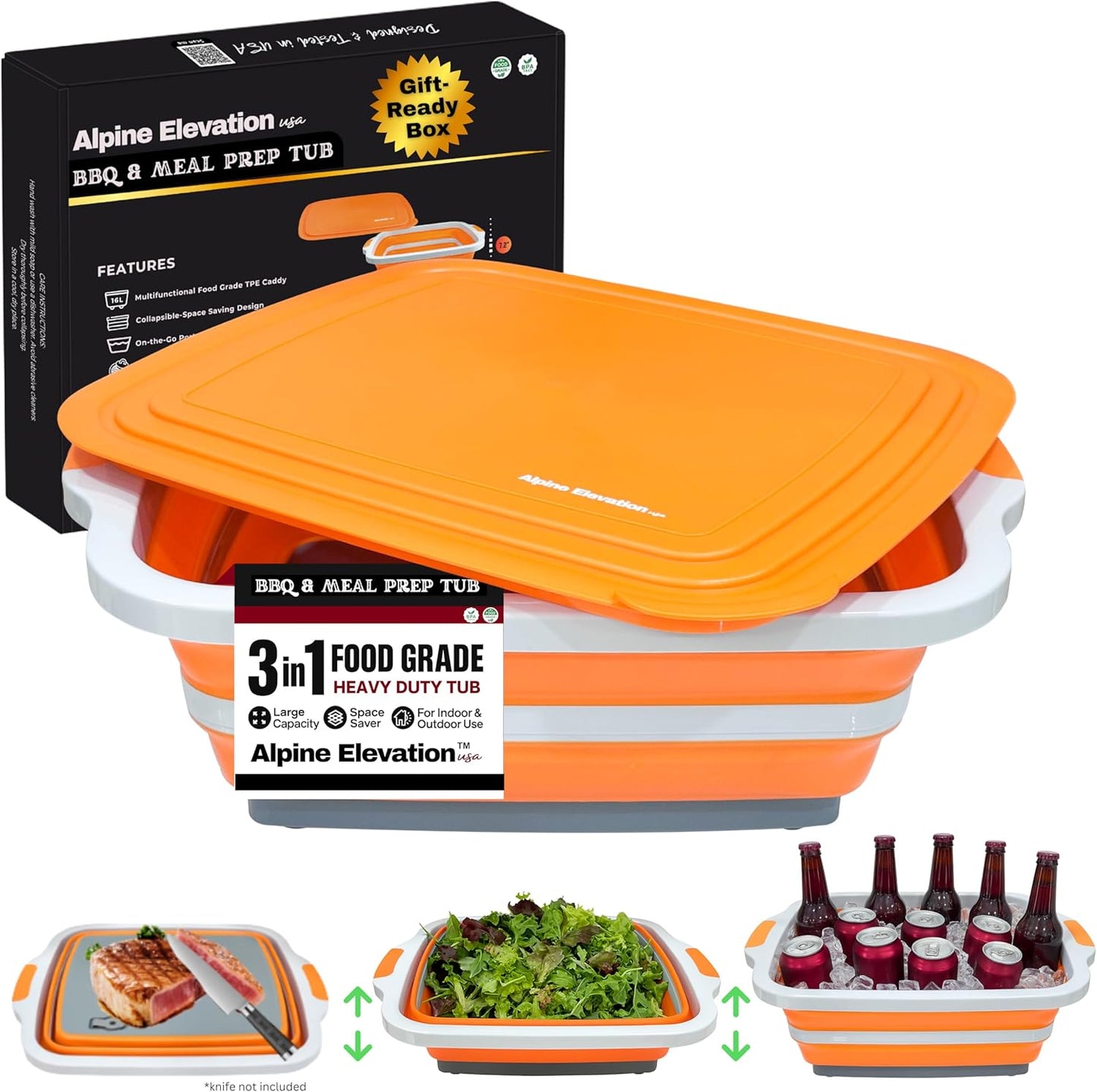 Collapsible X-Large (16L) BBQ Marinating Tub w/Cutting Board | Multipurpose Food-Grade TPE Prep Tub w/Lid | Built-in Colander & Drain Plug - for Camping | Tailgate | Picnic - Bold Orange