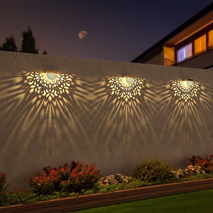 Solar Fence Lights 6 Pack Solar Deck Lights Outdoor Waterproof LED Solar Powered Step Lights Wall Lights Outdoor Decorations Warm Yellow Light Decorative Lighting for, Front Door, Backyard (Gold)