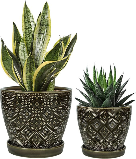 Docrin Ceramic Plant Pots Indoor: 6.6 + 5.5 Inch Planters with Drainage Holes and Saucer for Home/Office - Set of 2 /Dark Green