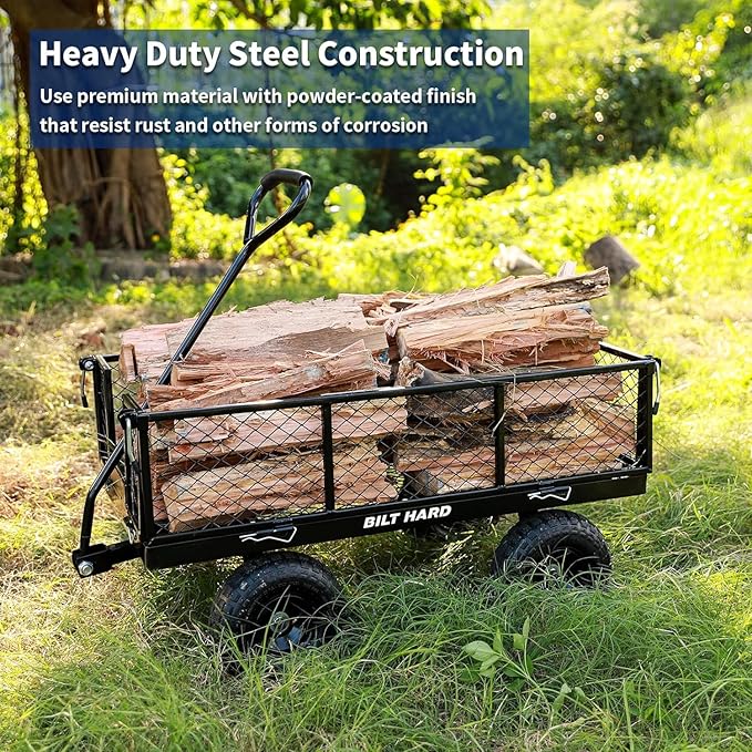 BILT HARD 10" Flat Free Tires Heavy Duty Garden Cart with 180° Rotating Handle and Removable Sides, 4 Cu.Ft 400 lbs Capacity Utility Steel Wagons for Outdoor