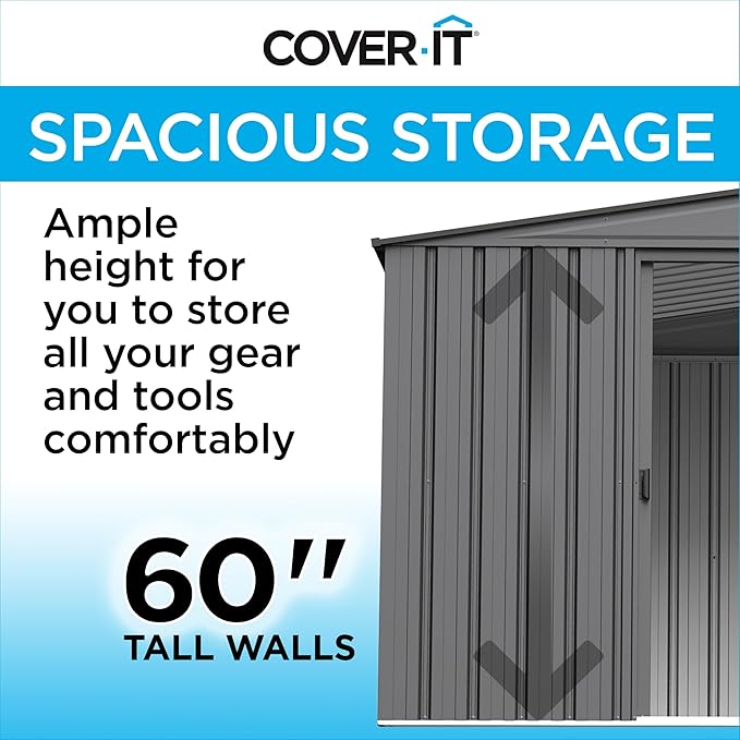 Cover It 6' x 4' Galvanized Steel Outdoor Storage Shed with Pent Roof and Lockable Sliding Doors, Weather-Resistant Steel Storage Shed for Backyards, Gray