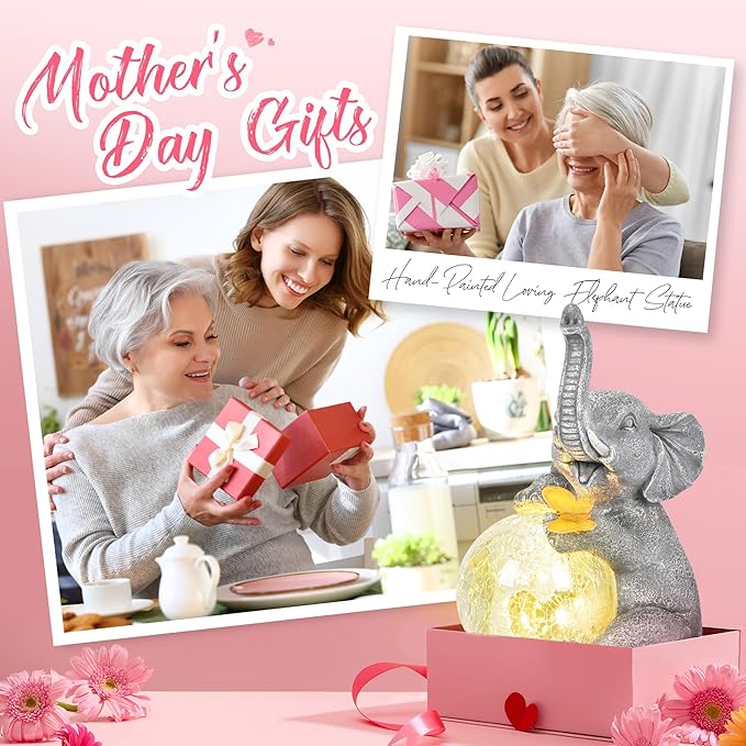 GIGALUMI Solar Garden Outdoor Statues for Women, Mom, Grandma. Glass Globe Elephant Figurine Housewarming and Birthday Gifts Elephant Statue Decor for Backyard, Patio, Balcony, Lawn, Pond