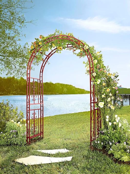 Evergreen Plow & Hearth Arch Metal Outdoor Garden Arbor | Montebello | 7 Feet Tall | Red | Iron Trellis Lattice for Climbing Plants | Wedding | Outdoor Patio Decor (Red)