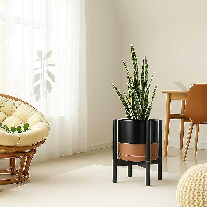 D'vine Dev Ceramic Planter with Ebony Stand - 12 Inch Modern Round Flower Pot with Wood Planter Holder, Black/Speckled Tan, 55-B-H-7