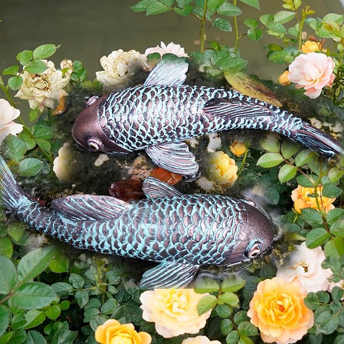 Garden Sculptures & Statues,Koi Fish Decor,Garden Fish Art,Set of 2 Antique Koi Fish Yard Art Decor for Outdoors,Patio,Yard,Lawn,Pond,Home Decoration (Bronz)