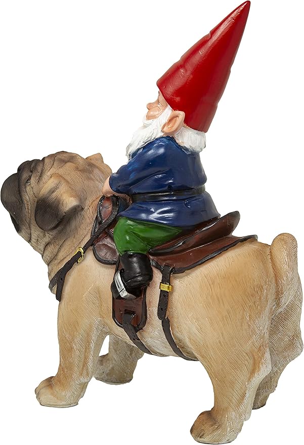 Funny Guy Mugs Garden Gnome Statue - Gnome Riding a Pug - Indoor/Outdoor Garden Gnome Sculpture for Patio, Yard or Lawn