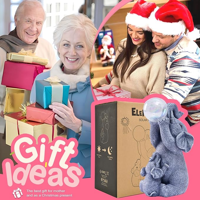 Goodeco Solar Elephant Statue - Outdoor Decor with LED Lights - Grey Resin - Ideal Gift for Elephant Lovers & Garden Enthusiasts