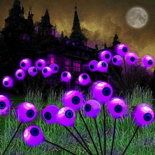 Halloween Decorations Outdoor Lights - 4 Pack 32LED Solar Halloween Scary Eyeball Pathway Lights Swaying by Wind, Waterproof Solar Halloween Stake Lights for Garden Porch Lawn Pathway (Purple)