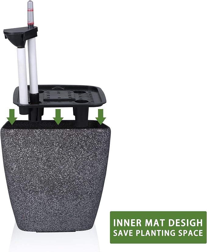 Dexceder 18x17 Self Watering Planter with Wheels Indoor Outdoor, Inner Mat Design, Thickened Large Floor Standing Flower Plant Pot with Water Level Indicator (Stone Matte)