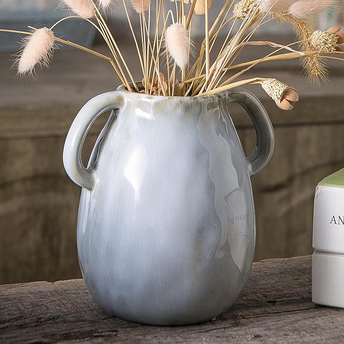 Gray Ceramic Vase with 2 Handles, Modern Farmhouse Decor, Rustic Terracotta Pottery, Decorative Flower Vases, Clay Small Vase, Centerpiece for Dining Table - 7 Inch Tall