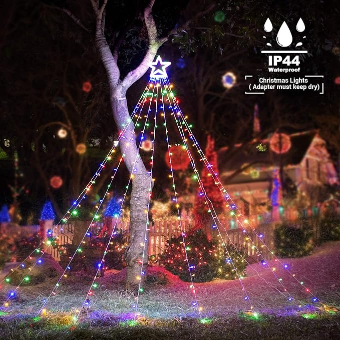 Toodour Christmas Decorations Outdoor Star Lights, 317 LED 10ft X 9 Waterfall Tree Lights with 12" Topper Star, 8 Lighting Modes Outside Christmas Lights for Yard Garden Holiday Decor (Multicolor)
