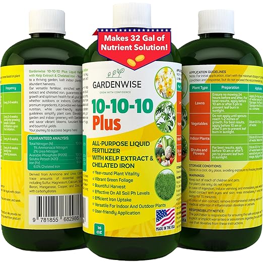 10-10-10 Fertilizer for All Purpose Plants - Liquid Fertilizer with Seaweed Kelp & Iron - Plant Food Outdoor & Indoor Plant Food, Vegetables,Flowers, Lawn & Garden 10 10 10 Fertilizer 16 oz