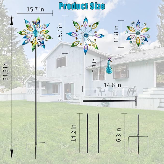 DREAMYSOUL 15.7" D*65”H Metal Peacock Wind Spinners Double Sided Kinetic Wind Sculptures Outdoor Metal Windmill for Garden Yard Decor