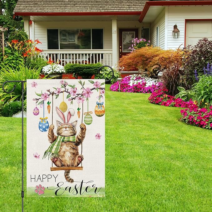 Heyfibro Happy Easter Cute Cat Garden Flag 12x18 Double Sided Burlap, Spring Summer Magnolia Flower Easter Egg Small Yard Banner for Seasonal Holiday Farmhouse Yard Outdoor Decor(ONLY FLAG)