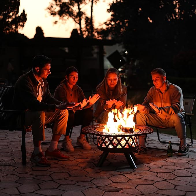 BALI OUTDOORS Fire Pit with Poker, 32 inch Outdoor Fire Pit Patio, Wood Burning Firepits for Outside with Grill